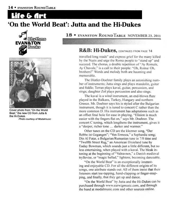 Image of page two of two of the Evanston Round Table November 23, 2011 clipping about Jutta & the Hi-Dukes (tm)